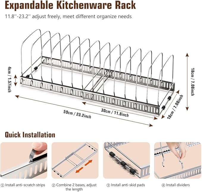 Housolution Cutting Board Organizer Rack, Expandable Baking Tray and Cookie Sheet Organizer with 14 Adjustable Dividers, Bakeware Muffin Tin Cupcake Pan Storage Organizer for Cabinet, Silver - Image 5