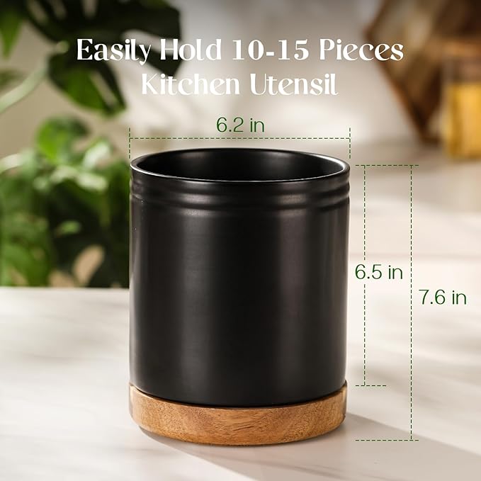 DOWAN 7.6" 360° Rotating Utensil Holder, Kitchen Utensil Holder for Countertop, Ceramic Utensil Crock, Large Cooking Utensil Caddy for Kitchen Counter, Protection Cork Bottom, Black - Image 2