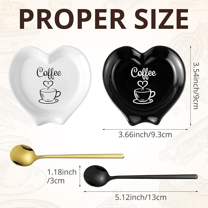 FoldTier 2 Pcs Ceramic Coffee Spoon Rest with Spoon Small Heart Black White Stirrer Holder Bar Station Accessories Decoration Lover Housewarming Gift (Coffee Then I Start My Heart) - Image 4
