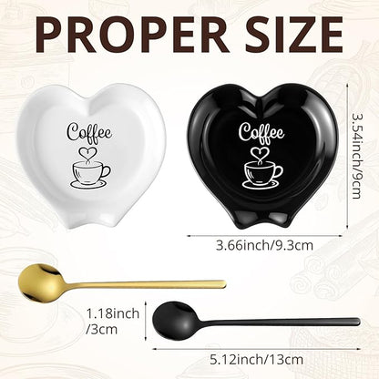 FoldTier 2 Pcs Ceramic Coffee Spoon Rest with Spoon Small Heart Black White Stirrer Holder Bar Station Accessories Decoration Lover Housewarming Gift (Coffee Then I Start My Heart) - Image 4