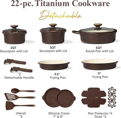 CAROTE 22Pcs Titanium Cookware Set, Pots and Pans Set Non Stick, Kitchen Cooking Set with Detachable Handle, Non Toxic Induction Cookware, Dishwasher/Oven Safe, Browm - Image 2