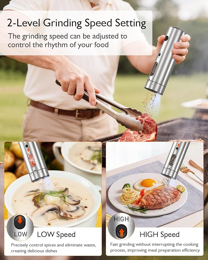 Electric Salt and Pepper Grinder Set, Upgraded 2-Speed Setting, External 6 Adjustable Coarseness, USB C Dual Rechargeable Base, All Stainless Steel Automatic Salt & Pepper Mill Shakers with LED Light - Image 4
