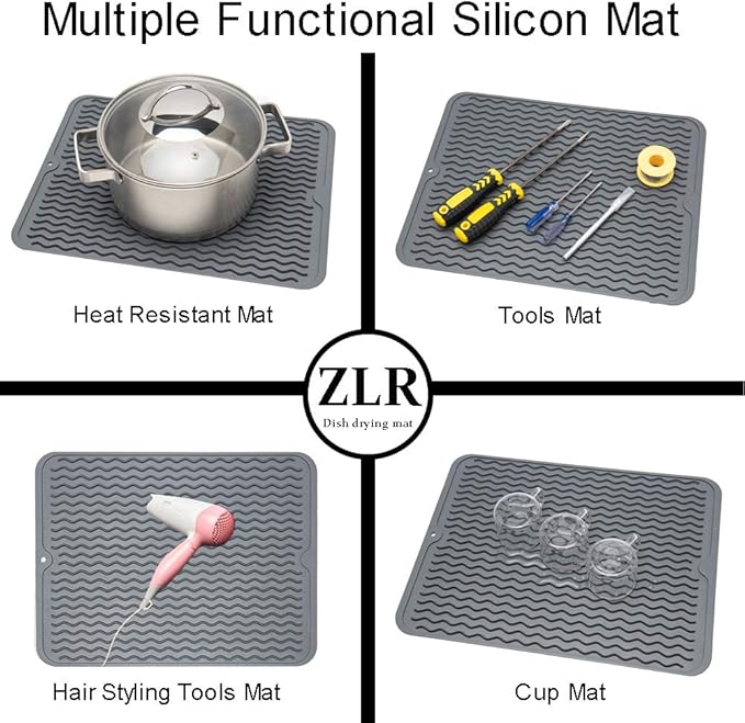 ZLR 2 Pcs Silicone Dish Drying Mat & Heat Resistant Trivet (12" x 16") - Waterproof Counter Protector for Coffee Maker - Non-Slip, BPA Free Kitchen Pad, Easy Clean Dishwasher Safe (Dark Gray) - Image 4