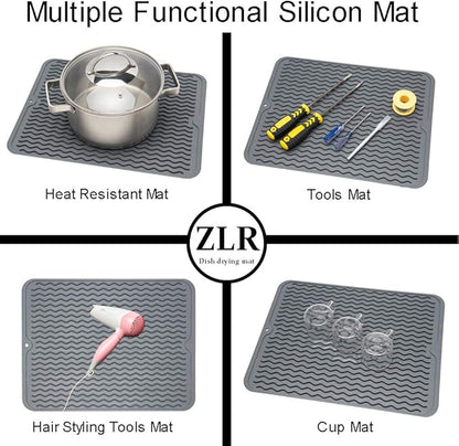 ZLR 2 Pcs Silicone Dish Drying Mat & Heat Resistant Trivet (12" x 16") - Waterproof Counter Protector for Coffee Maker - Non-Slip, BPA Free Kitchen Pad, Easy Clean Dishwasher Safe (Dark Gray) - Image 4
