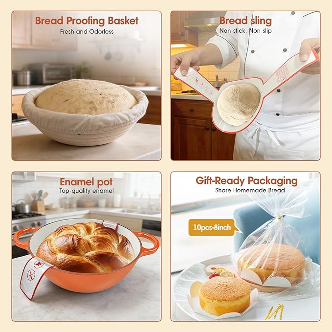 5QT Enameled Cast Iron Dutch Oven for Bread & Multi-Cooking – Complete Sourdough Starter Kit with Lid ,Probe Thermometer, Proofing Basket, Silicone Sling & Gift Packaging Bags,Oven Safe up to 500°F (Orange)