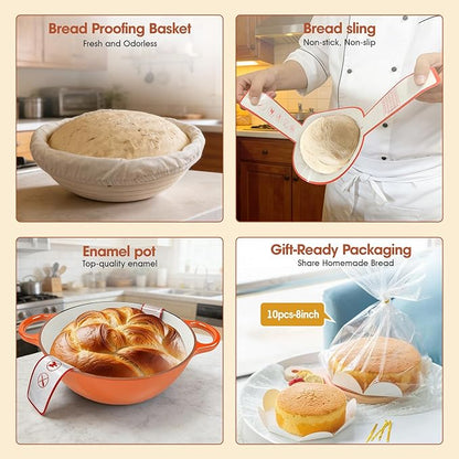 5QT Enameled Cast Iron Dutch Oven for Bread & Multi-Cooking – Complete Sourdough Starter Kit with Lid ,Probe Thermometer, Proofing Basket, Silicone Sling & Gift Packaging Bags,Oven Safe up to 500°F (Orange)