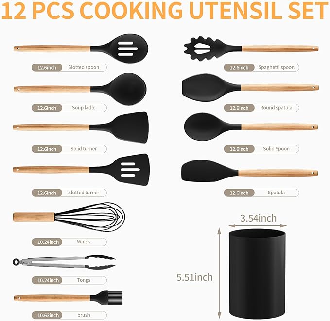 Silicone Cooking Utensil Set,12 PCS Cooking Cookware Kitchen Utensils Set for Cooking, Nonstick 446°F Heat-Resistant Cookware Kitchen Tools of Spoon,Brush,Whisk,Spatula,Turner Tongs (Black) - Image 2