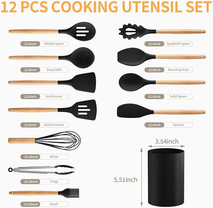 Silicone Cooking Utensil Set,12 PCS Cooking Cookware Kitchen Utensils Set for Cooking, Nonstick 446°F Heat-Resistant Cookware Kitchen Tools of Spoon,Brush,Whisk,Spatula,Turner Tongs (Black) - Image 2