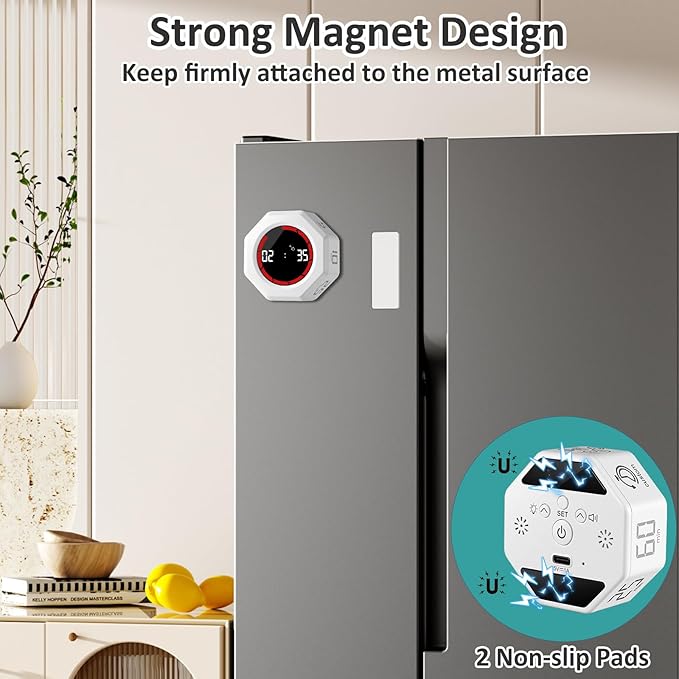Rechargeable Pomodoro Timer, Magnetic Kitchen Timer for Cooking, 8-Angle Auto-Rotating Screen with Gravity Sensor, 3/5/10/25/30/60min & Custom Countdown for ADHD, Office, Study, Kitchen & Kids