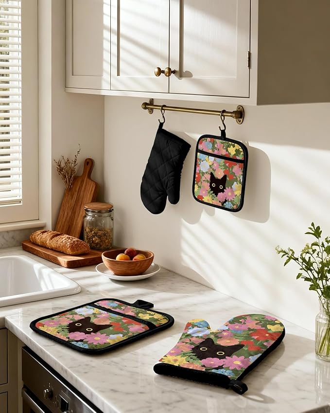 Miss Adola Cotton Oven Mitts and Pot Holders Sets - Quilted Lining Heat Resistant 4 Pieces Set with Hanging Loop Cute Farmhouse Boho Spring Kitchen Decor and Accessories, Cat Flower - Image 2