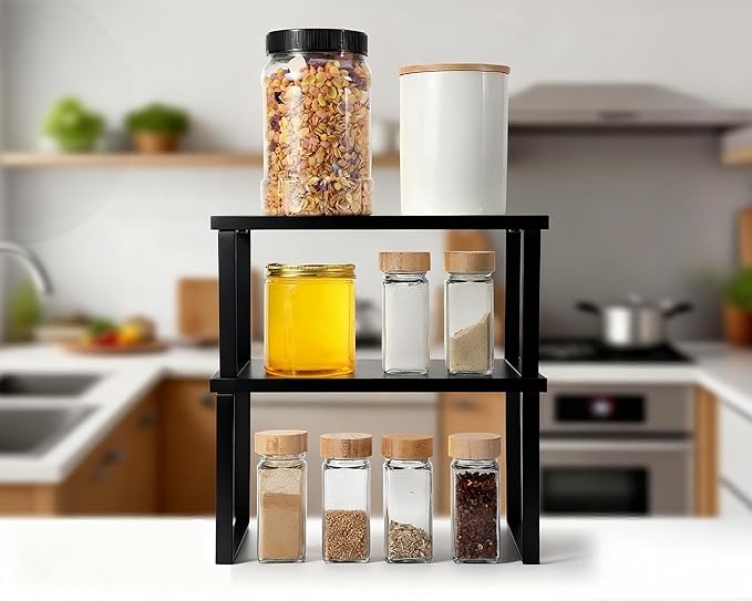 Marsui 4 Pcs Kitchen Organizer Accessories Set Cabinet Organizer Shelf and Bamboo Dish Drying Plate Rack Counter Shelves Storage Holder for Spice Rack, Dish, Pot Lid, Bowl, Cup (Black) - Image 6