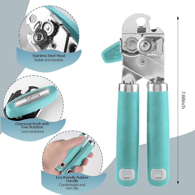 Safring Can Opener Manual, Heavy Duty Handheld Strong Can Opener with Soft Touch Handle, Sharp Blade Smooth Edge, Can Openers with Multifunctional Bottle Opener, Aqua Sky - Image 2