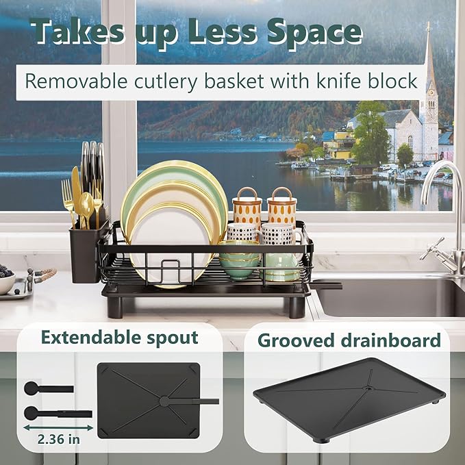 AIDERLY Iron Dish Drying Rack with Drainboard Dish Drainers for Kitchen Counter Extendable Spout Strainers with Utensil Holder and Knife Slots, Black - Image 3