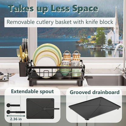 AIDERLY Iron Dish Drying Rack with Drainboard Dish Drainers for Kitchen Counter Extendable Spout Strainers with Utensil Holder and Knife Slots, Black - Image 3