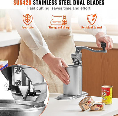 VEVOR Commercial Can Opener, 23.2"/59cm Long, Stainless Steel Manual Table Can Opener for Up to 15.7"/40cm Tall, Fixed with Clamp or Screws, Ergonomic Swing Handle & One Spare Knife, for Restaurants