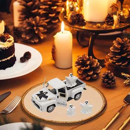 Halloween Decorations - Mini Cute Farmhouse Style Halloween Metal Truck Decor with 3 Removable Mini Ghost Ornaments for Tabletop, Tiered Tray, Shelf, Fireplace and Home Indoor Décor