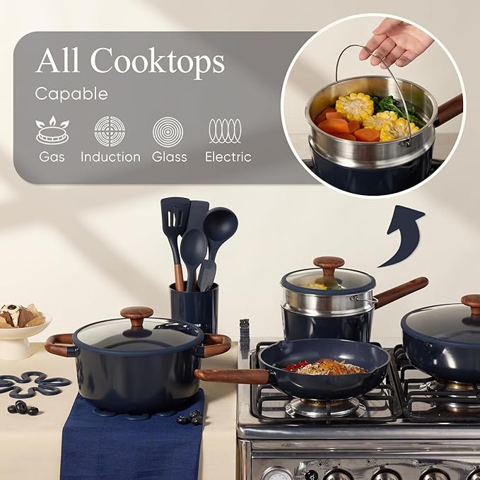 CAROTE 21pcs Cookware Set Nonstick Pots and Pans Set, Ceramic Cookware Set Induction Cookware, Non toxic Healthy Non Stick Kitchen Cooking Set, PFAS PTFE Free, Blue - Image 7