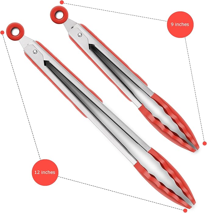 2 Pack Silicone Kitchen Tongs – 9" & 12" Set, Heat Resistant up to 500°F, Non‑Stick Cookware Safe, Wavy Silicone Tips, BPA Free, Locking Clip & Hanging Loop, Red - Image 4