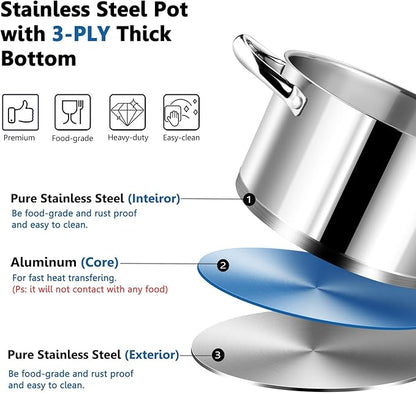 P&P CHEF 4 Quarts Cooking Stock Pot with Lid, Stainless Steel Stockpot Induction Pot for Soup, Tri-Ply Bottom & Clear Glass Lid & Double Handle, Dishwasher Safe - Image 4