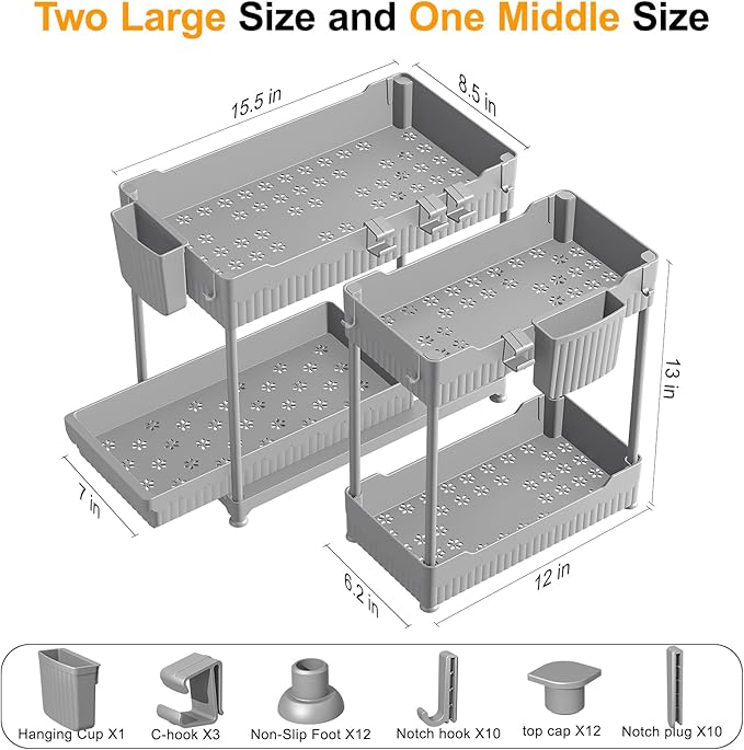 Sevenblue 3 Pack Under Sink Organizers, 2-Tier Multi-Use Kitchen and Bathroom Organizers and Storage with Sliding Drawers, Bathroom Cabinet Organizer (Gray, 12.8 Inch) - Image 2