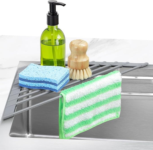 Ohuhu Triangle Roll Up Dish Drying Rack, Anti-Slip Organizer for Kitchen Sink Drying Rack with Full Silicone Wrapped for Top of Sink Coner Grey by Ohuhu