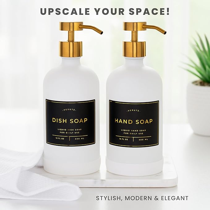 Hand and Dish Soap Dispenser for Kitchen and Bathroom, Set of 2 16 Oz Glass Bottles, Stainless Steel Pumps, Non-Slip Silicone Base, 27 Waterproof Labels (Matte White Bottle/Brushed Gold Pump) - Image 3