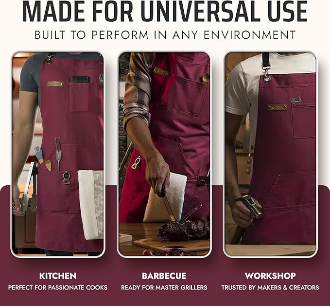 Asaya Chef and BBQ Apron with Bottle Opener and Hand Towel - 10oz Cotton Canvas, Stainless Steel Hardware - Cross Back Straps - Image 7