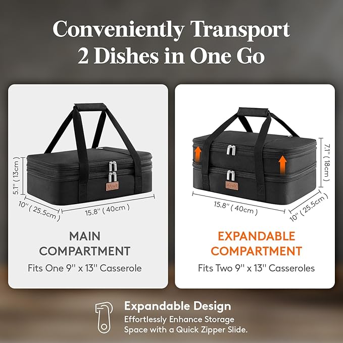 Lifewit Insulated Double Decker Casserole Carrier, Expandable Lasagna Lugger Tote Bag for Hot or Cold Food, Fits 9" x 13" Baking Dish for Potluck Parties, Picnic and Cookouts, Black