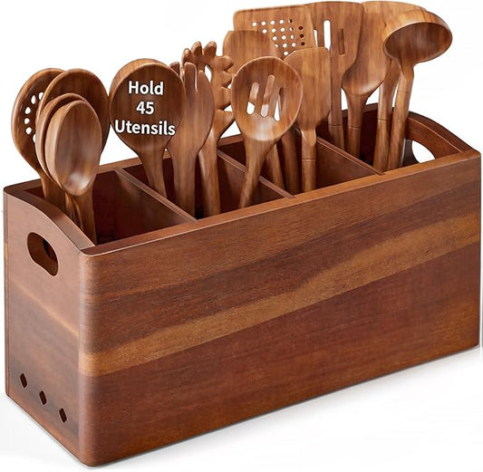 Natural Acacia Wood Utensil Holder for Kitchen Counter (X-Large), 4 Compartment with Removable Dividers 15.7"x7.2"x5.04", Extra Large Cooking Utensil Organizer - Anti-Scratch Bottom by PrimZootyDesign