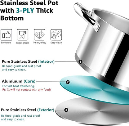 P&P CHEF 6 Quarts Cooking Stock Pot with Lid, Stainless Steel Stockpot Induction Pot for Soup, Tri-Ply Bottom & Clear Glass Lid & Double Handle, Dishwasher Safe - Image 4
