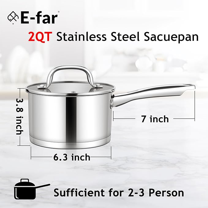 E-far Stainless Steel Saucepan with Lid, 2 Quart Sauce Pan Induction Pot for Cooking, Boiling, Compatible with All Stoves, Healthy & Non Toxic, Oven & Dishwasher Safe - Image 2