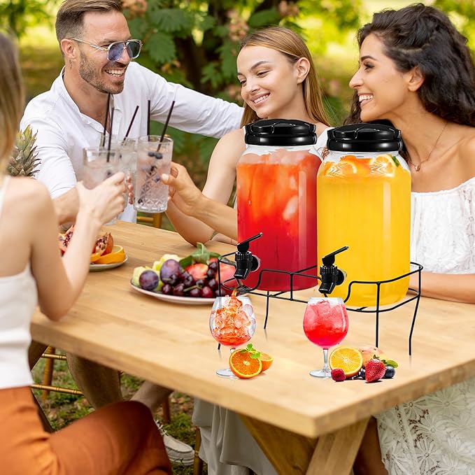 Tanlade Plastic Drink Dispenser with Stand Beverage Dispenser with Sturdy Metal Base Juice Dispensers for Parties Lemonade Jar with Spigot for Weddings Countertop, Each 1 Gallon (Black)