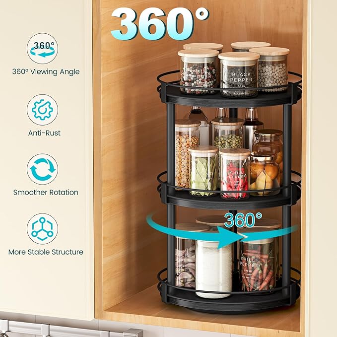 Snughome Lazy Susan Organizer, 3 Tier Rotating Spice Rack for Countertop, Turntable Lazy Susan Kitchen Countertop Organizer, 10.2" x 10.2" x 18.5", Black - Image 5