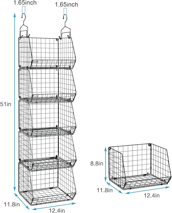 5 Tier Closet Hanging Organizer, Clothes Hanging Shelves with 4 Hanging Hooks 5 S Hooks, Wire Storage Basket Bins, for Clothing Sweaters Shoes Handbags Clutches Accessories Patent Design - Image 3