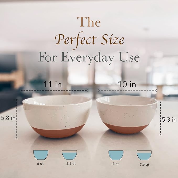 Mora Ceramic Large Mixing Bowls - Set of 2 Nesting Bowls for Cooking, Serving, Popcorn, Salad etc - Microwavable Kitchen Stoneware, Oven, Microwave and Dishwasher Safe - Extra Big 5.5 & 3.6 Qt - White - Image 2