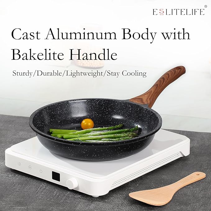 ESLITE LIFE Nonstick Ceramic Frying Pan Skillet with Lid, Non-Toxic Egg Omelette Kitchen Cooking Pans Compatible with All Stovetops (Gas, Electric & Induction), PTFE & PFOA Free (Black, 8" w/Lid) - Image 5
