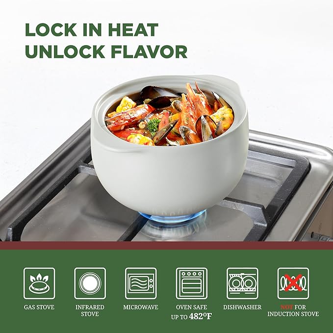 MINH LONG 1-Qt Porcelain Dutch Oven with Lid – Lead & Cadmium Free, Oven Safe to 482°F, Heat Retention, Clay Pot for Cooking on Gas & Infrared Cooktop, Use to Marinate, Cook, Bake, Refrigerate & Serve