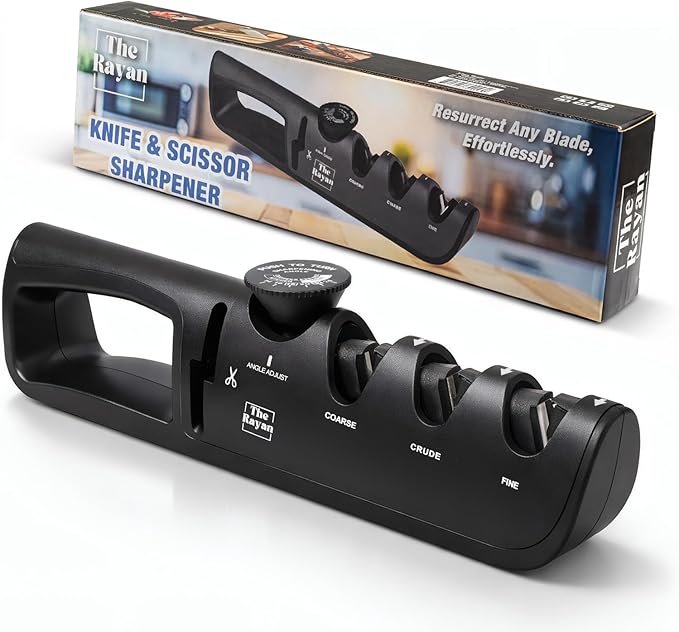 Knife Sharpener, 4-in-1 with Non-Slip Base and Adjustable Angle Guide, Perfect for Fruit Knives, Steel Knives & Scissors, Repair, Restore & Polish Blade (Black)