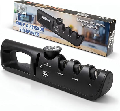 Knife Sharpener, 4-in-1 with Non-Slip Base and Adjustable Angle Guide, Perfect for Fruit Knives, Steel Knives & Scissors, Repair, Restore & Polish Blade (Black)