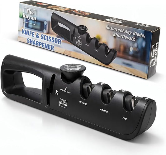 Knife Sharpener, 4-in-1 with Non-Slip Base and Adjustable Angle Guide, Perfect for Fruit Knives, Steel Knives & Scissors, Repair, Restore & Polish Blade (Black)