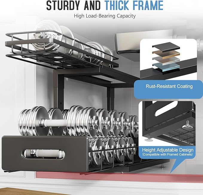 Under Sink Organizer Upgrade To Professional Rails,2-Tier Dual Pull Out Cabinet Storage,Height Adjustable Slide Out Drawers For Bathroom Kitchen,2 Pack-18.5"Dx12.8"-16.9"H,Black - Image 4