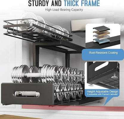 Under Sink Organizer Upgrade To Professional Rails,2-Tier Dual Pull Out Cabinet Storage,Height Adjustable Slide Out Drawers For Bathroom Kitchen,1 Pack-18.5"Dx12.8"-16.9"H,Black - Image 4