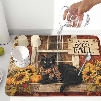 Fall Dish Drying Mat for Kitchen Counter Vintage Autumn Cat Sunflower Pumpkin Microfiber Dish Drainer Mat Rustic Farmhouse Absorbent Washable Drying Pad Extra Large 18"x24"
