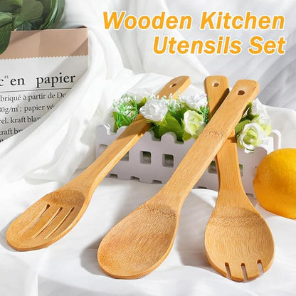 IOOLEEM Bamboo Wooden Spoons for Cooking 6 Pcs 12 Inch, Non-Stick Wooden Kitchen Utensils Set, Natural and Durable Wooden Spatula Spoons for Non-Stick Pan for Cooking - Image 6