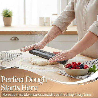 Flexzion French Rolling Pin, 12 Inch Black Marble Rolling Pins for Baking with Wooden Base Holder Stand - Non-Stick Baking Roller for Baking Fondant, Crust, Pastry, Cookies, Pizza, Pasta