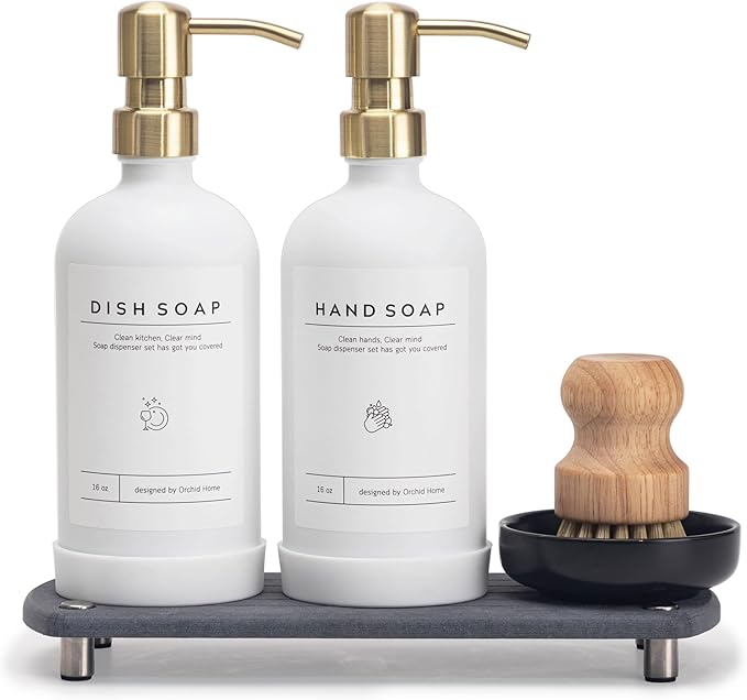 [Luxury] Kitchen Soap Dispenser Set - 16OZ White Glass Bottle, Stainless Steel Pump, Instant Dry Tray, Waterproof Labels, Non-Slip Silicone Pad, and Dish Brush | Upgrade for Your Kitchen and Bathroom by ORCHID+HOME