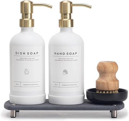 [Luxury] Kitchen Soap Dispenser Set - 16OZ White Glass Bottle, Stainless Steel Pump, Instant Dry Tray, Waterproof Labels, Non-Slip Silicone Pad, and Dish Brush | Upgrade for Your Kitchen and Bathroom by ORCHID+HOME