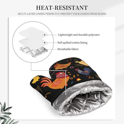 Chicken Silicone Oven Mitts Pan Mats Set of 2, Heat Resistant Gloves Potholder with Non-Slip Grips Hanging Loops Pot Holder, Spring Summer for Chef Cooking, Baking, Grilling, BBQ