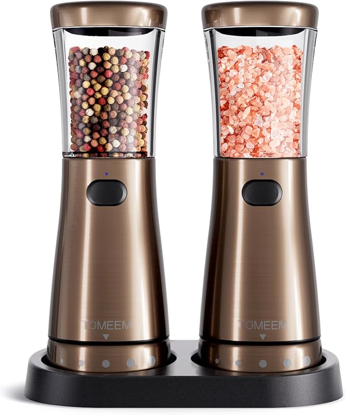 Electric Salt and Pepper Grinder Set with Storage Base, Stainless Steel Rechargeable Salt and Pepper Grinder Set with 4.5 oz Large Capacity, 1.8" Wide Mouth, Adjustable Coarseness, Ideal for Kitchen by Tomeem