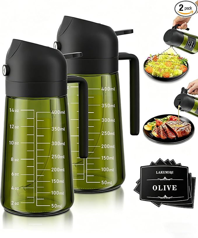 LAKUMIQI 2 in 1 Oil Sprayer for Cooking, 16oz Olive Oil Dispenser Bottle for Kitchen, Food Grade Light-Blocking Glass Spray Bottle for Salad, Air Fryer, BBQ by LAKUMIQI